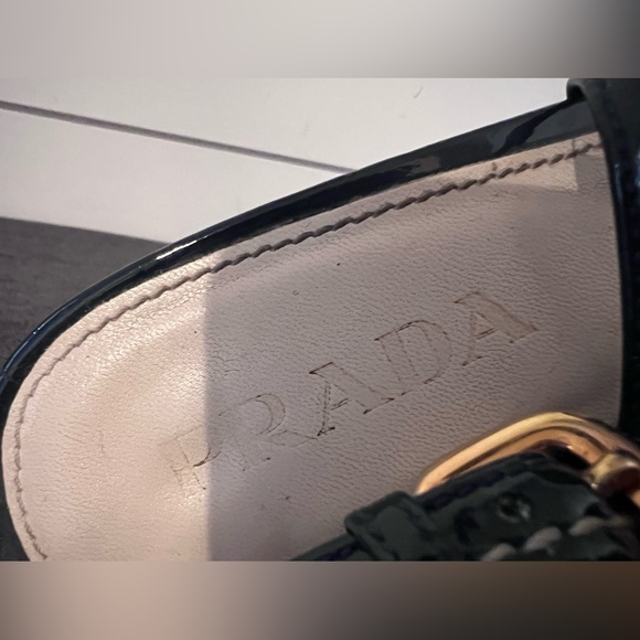 Prada Navy Blue Patent Leather Peep Toe Wedges Slingback Sandals Size 37 6.5 US - Picture 3 of 6